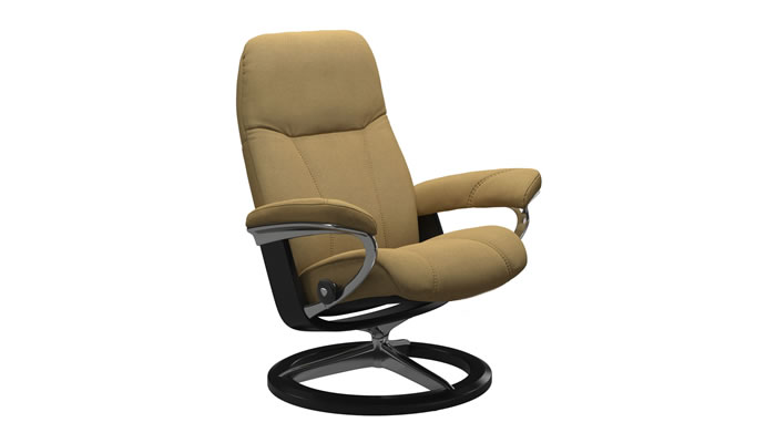 Stressless Consul Cross Recliner in Yoredale Mustard Fabric with Polished Base